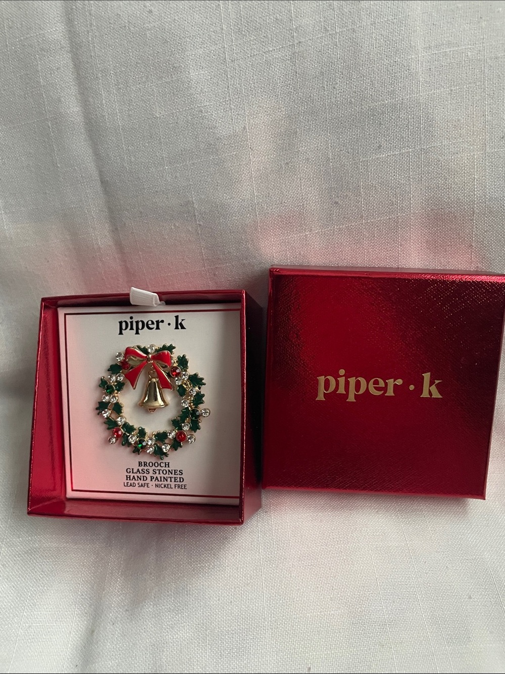 Piper • K Gold Bell Wreath Brooch with Red and Green Accents NIB